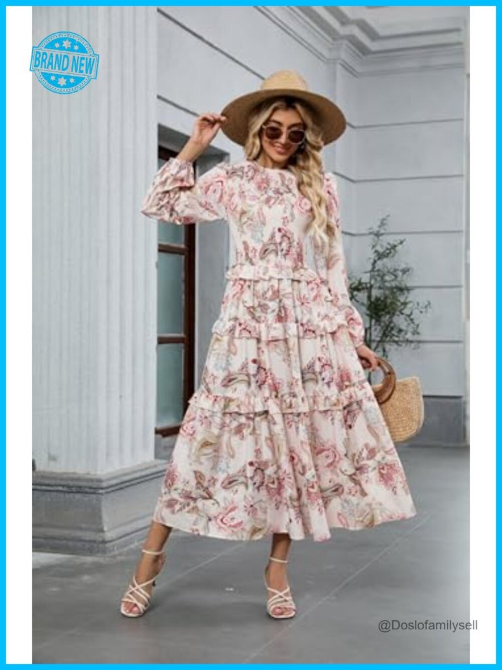 Women's Floral Smocked Maxi Dress Long Puff Sleeve Bohemian Tiered Ruffle - Picture 4 of 7